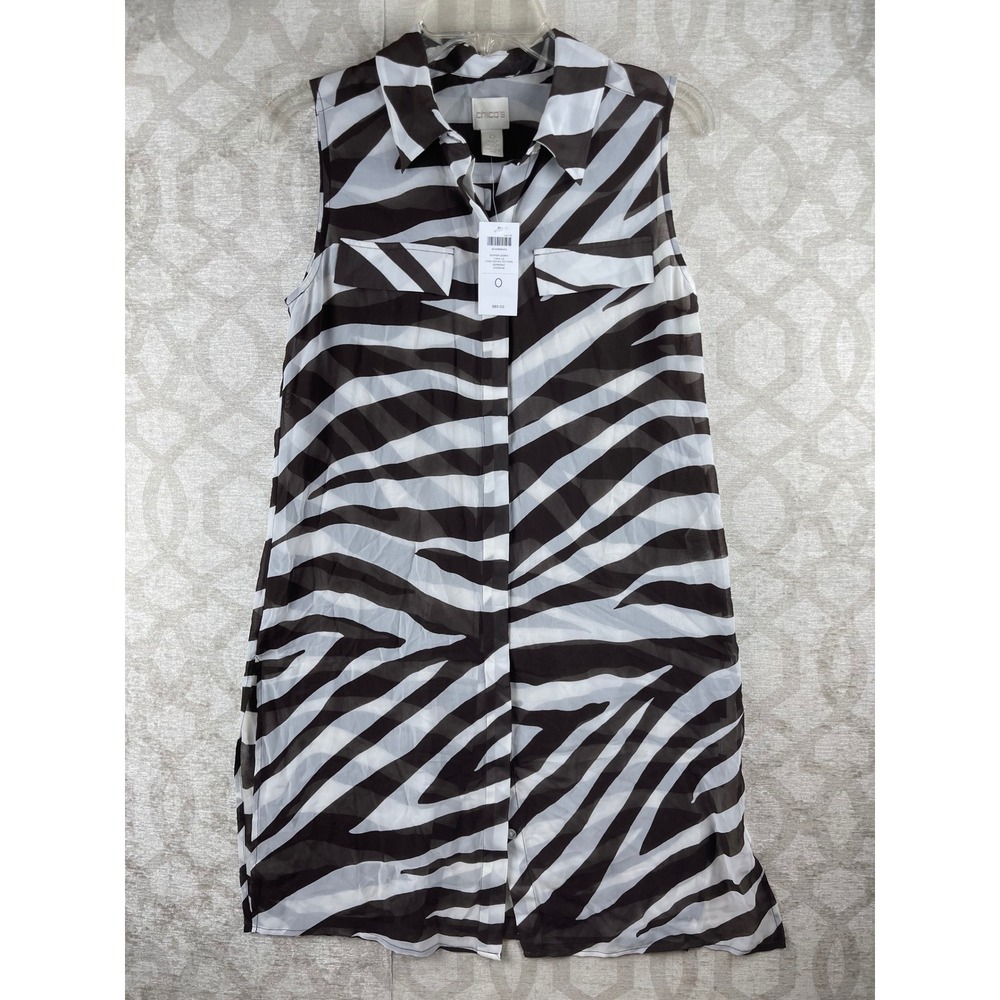 Chico's Summer Zebra Tunic Tank Women Size 0 Espresso Brown Sheer Sleeveless NEW